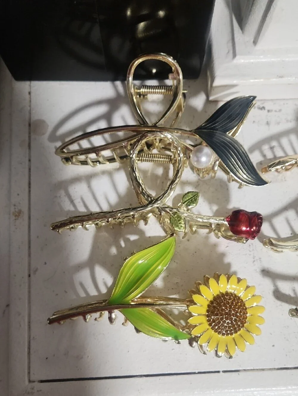 8 Gold Floral and Butterfly Hair Clip Set with Pink, Green, Yellow Accents